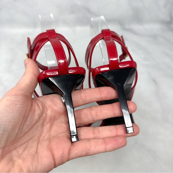 Saint Laurent Strappy Patent Leather Square Toe Ankle Strap Mid Sandal Heels Red - Picture 8 of 14